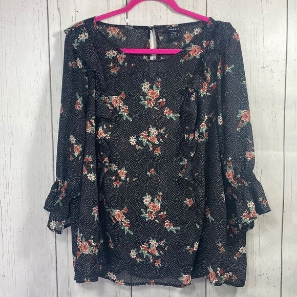 Torrid Floral Dot Print Chiffon Ruffled Smocked Bell Sleeve Top Blouse - Picture 2 of 14